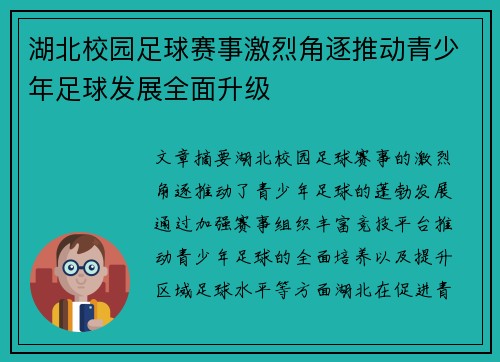 湖北校园足球赛事激烈角逐推动青少年足球发展全面升级
