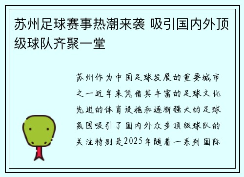 苏州足球赛事热潮来袭 吸引国内外顶级球队齐聚一堂