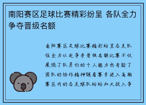 南阳赛区足球比赛精彩纷呈 各队全力争夺晋级名额