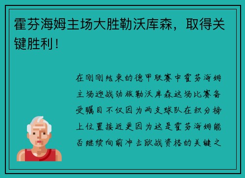 霍芬海姆主场大胜勒沃库森，取得关键胜利！
