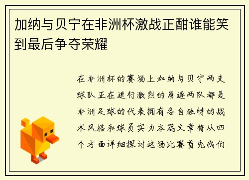 加纳与贝宁在非洲杯激战正酣谁能笑到最后争夺荣耀