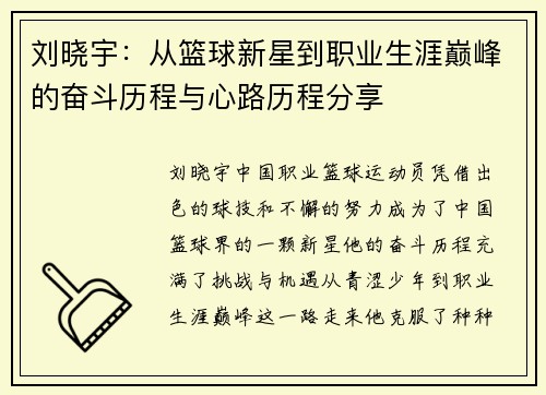 刘晓宇：从篮球新星到职业生涯巅峰的奋斗历程与心路历程分享