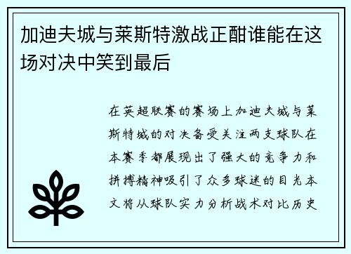加迪夫城与莱斯特激战正酣谁能在这场对决中笑到最后