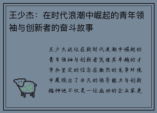 王少杰：在时代浪潮中崛起的青年领袖与创新者的奋斗故事