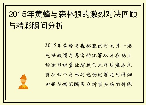 2015年黄蜂与森林狼的激烈对决回顾与精彩瞬间分析