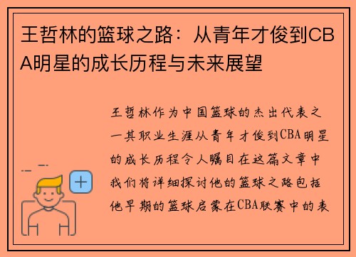 王哲林的篮球之路：从青年才俊到CBA明星的成长历程与未来展望