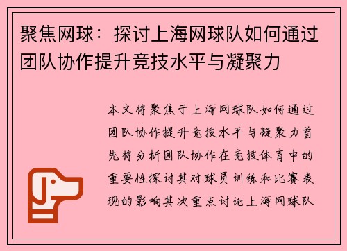 聚焦网球：探讨上海网球队如何通过团队协作提升竞技水平与凝聚力
