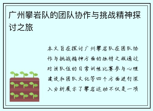 广州攀岩队的团队协作与挑战精神探讨之旅