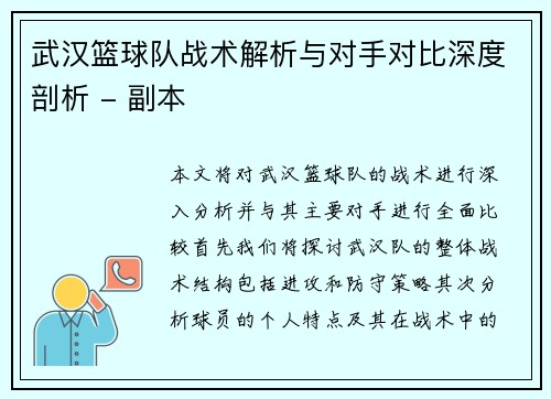 武汉篮球队战术解析与对手对比深度剖析 - 副本