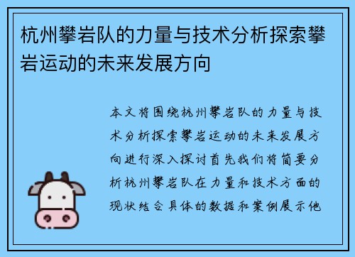 杭州攀岩队的力量与技术分析探索攀岩运动的未来发展方向
